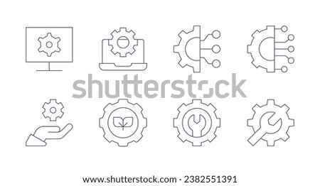 Gear icons. Editable stroke. Containing monitor, management, configuration, leaves, engineering, gear, connection.
