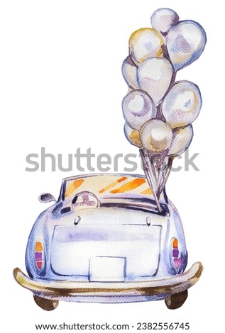 Retro car with balloons design. Watercolor hand painted old automobile illustration. Vintage vehicle themed clipart. Party or celebration concept.
