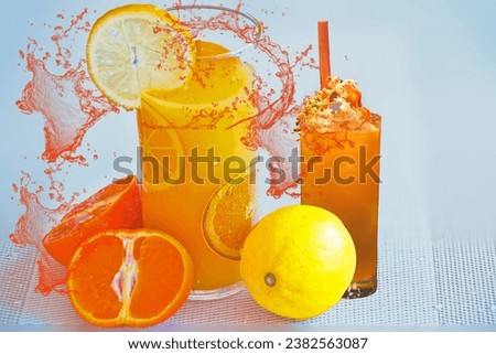 Glass of 100% Orange juice with orange sacs and slices fruits.Orange paint splash. Fruit juice. 3d realistic vector set of design elements