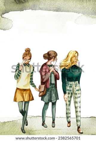 Cute girls wearing retro clothes. Watercolor young women in a vintage clothes.