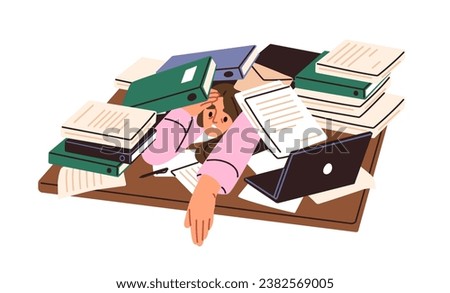 Busy tired employee on desk under many papers, overloaded with documents. Excessive workload, business burden, paperwork, overwork concept. Flat vector illustration isolated on white background Royalty-Free Stock Photo #2382569005