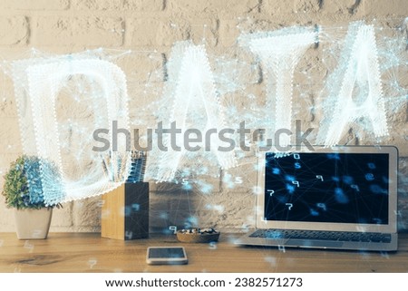 Double exposure of desktop with personal computer on background and tech theme drawing. Concept of data analysis.