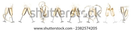Glasses with sparkling wine clinking on white background, collection