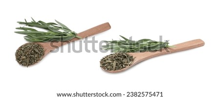 Spoon with dry tarragon and fresh leaves isolated on white, top and side views Royalty-Free Stock Photo #2382575471