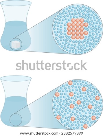 Chemical. Sugar soluble in water. Solubility of sugar and water. Sugar is the solute and water is the solvent that shows three dissolution states. Vector Illustration. Royalty-Free Stock Photo #2382579899