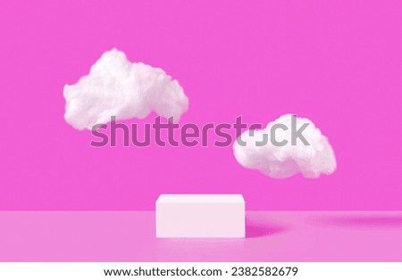Beauty cosmetics product presentation scene made with white pedestal and clouds on pink background. Studio photography, front view. 