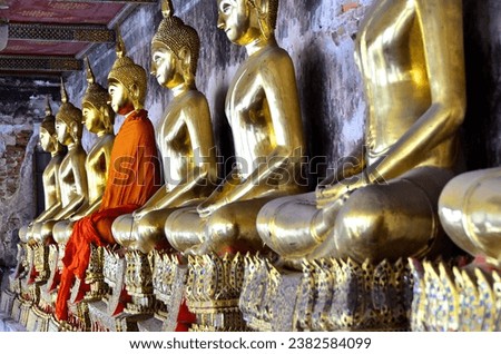 Picture of the Buddha images, among of them there is only one was covered with yellow robe. This could be meant in many ways. One can be the leader of the sangha, in other way can be the different.  
