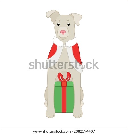 Cute dog in Christmas costume and with gift on white background 