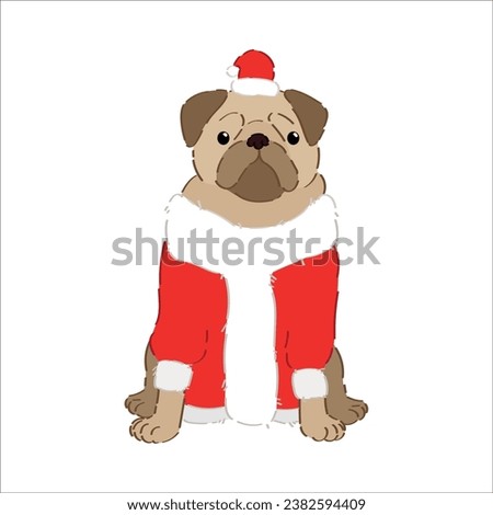 Cute pug dog in Santa costume on white background. Christmas cel