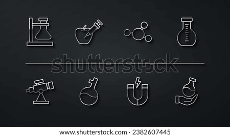 Set line Test tube flask on stand, Telescope, Magnet, Genetically modified apple,  and Molecule icon. Vector