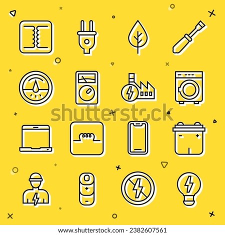 Set line Creative lamp light idea, Car battery, Washer, Leaf Eco symbol, Ampere meter, multimeter, Electric, Electrical transformer and Nuclear power plant icon. Vector