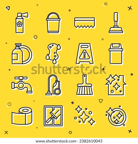 Set line Washing dishes, Home cleaning service, Trash can, Sponge, Dishwashing liquid bottle, Air freshener spray and Wet floor icon. Vector Royalty-Free Stock Photo #2382610043