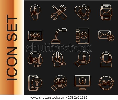 Set line Telephone 24 hours support, Man with a headset, New, email incoming message, Microphone, Question and Answer, Information and Address book icon. Vector