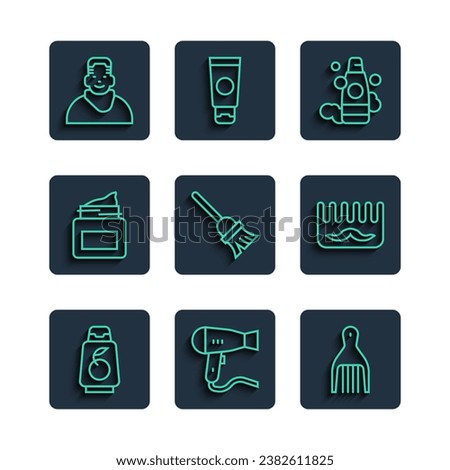Set line Bottle of shampoo, Hair dryer, Barrette, Mop, Cream cosmetic jar, Client in barbershop and Hairbrush icon. Vector