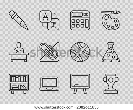 Set line Shelf with books, Award cup, Calculator, Laptop, Pencil eraser, Paper clip, Chalkboard and Test tube and flask icon. Vector