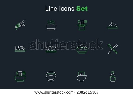 Set line Soy sauce bottle, Traditional tea ceremony, in bowl, Asian noodles, Food chopsticks, Chow mein plate, Chicken egg and Served fish icon. Vector