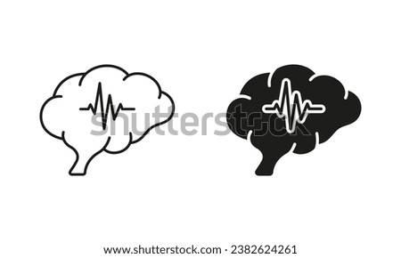 Brain Activity Diagnostic Black Symbol Collection on White Background. Human Brain with Wave Silhouette and Line Icons Set. Medical Neurology Science Pictogram. Isolated Vector Illustration.