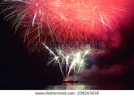 Red colorful holiday fireworks on the black sky background.
