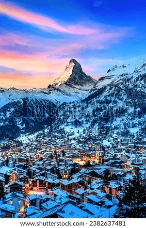 Matterhorn mountain and swiss alps at sunrise in Zermatt, Switzerland. Royalty-Free Stock Photo #2382637481