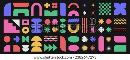 Abstract retro shapes, basic brutal forms and figures in Y2K aesthetics, vintage stickers, logos, labels. Decorative design elements, vector illustration. Royalty-Free Stock Photo #2382647293