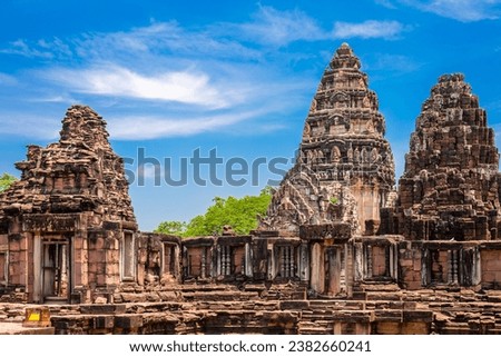 Phimai Prasat Hin Historical Park is located in Phimai District. Nakhon Ratchasima Province Built during the Khmer Empire, it was large and beautiful. Built in the reign of King Suryavarman I. Royalty-Free Stock Photo #2382660241