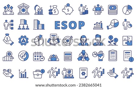 ESOP icon set in line design blue. Employee, Ownership, Stock, Plan, icon, Business, Investment, vector illustrations. Editable stroke icons.  Royalty-Free Stock Photo #2382665041
