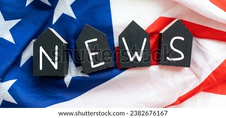 USA news concept with news word and sign and the United States of America flag on cubes 3D illustration isolated on white background.