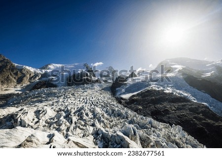 view from La Jonction over the vast ice of Glacier des Bossons in Chamonix