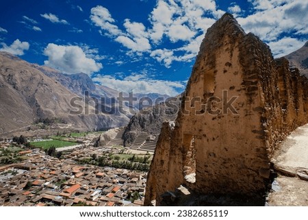 Pinkuylluna is a series of ancient agricultural and storage terraces situated on the mountainside overlooking the town of Ollantaytambo in the Sacred Valley of the Incas in Peru. Royalty-Free Stock Photo #2382685119