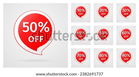 Sale Discount Banner. Set of Discounts from 10 to 90 percent. Discount label in the form of the speech bubble with percentage number. Sale Season. Big Mega Sale Bonus. Vector illustration