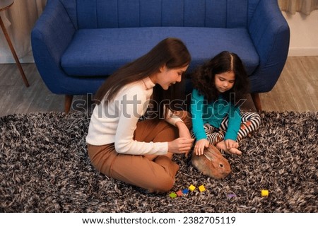 A Latin daughter sitting floor playing with brown rabbit together. Family activity with pet.
