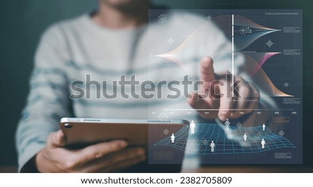 Business man using AI artificial intelligence to compute market analysis from data warehouse, data collection for customer insight, marketing campaign or insert command prompt for data analytic.