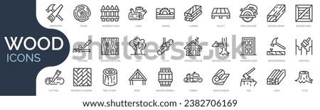 Set of outline icons related to wood. Linear icon collection. Editable stroke. Vector illustration Royalty-Free Stock Photo #2382706169