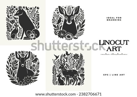 Abstract linocut flowers with magic, girls and mystical in ornate rural folk scandinavian style. Hand drawn Illustration, Linocut Blockprint.