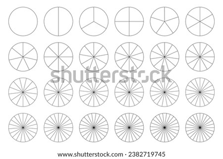 Segmented charts collection. Pie chart template. Many number of sectors divide the circle on equal parts. Outline black thin graphics. Set of pizza charts. Segments infographic. Diagram wheel parts. 