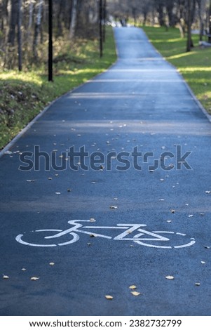 A signpost or bicycle road sign painted on the asphalt in a city park. Bicycle path in the forest. The concept of safety, compliance with traffic rules. Bike Lane.