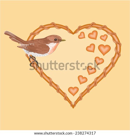 Valentine's Day wicker heart and  bird Valentines day mothers Day background place for text vector illustration