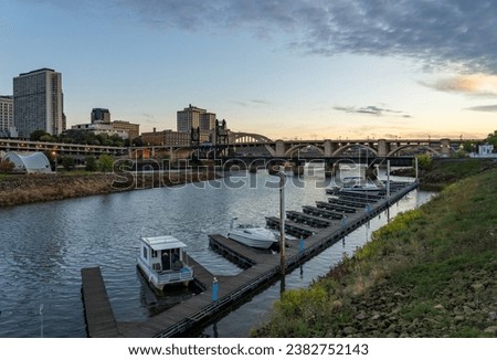Early morning cityscape of St Paul Minnesota and Mississippi river with marina in foreground