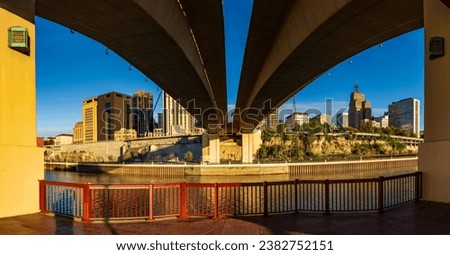 Cityscape of St Paul Minnesota and detail of Wabash Street bridge over the Mississippi river