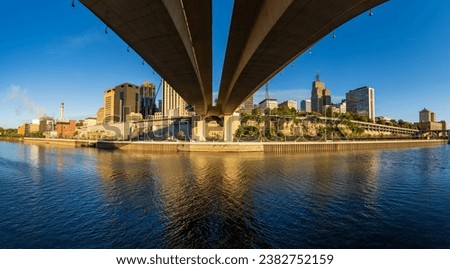 Cityscape of St Paul Minnesota and detail of Wabash Street bridge over the Mississippi river