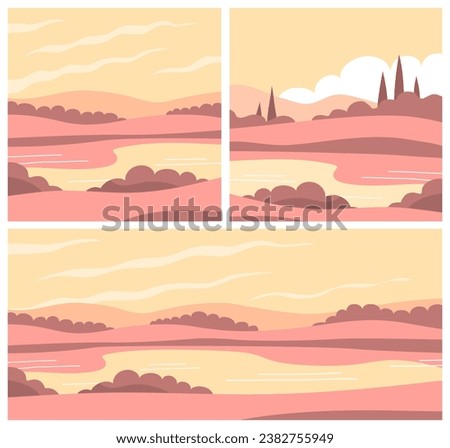 Peaceful summer nature landscape. Panorama with forest, cypress, fields, sky and lake. Calm morning. Rural scener. Flat vector illustration. Set image Royalty-Free Stock Photo #2382755949