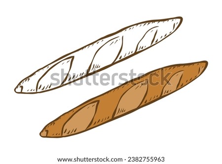 Loaf of bread french baguette. Wheat flour baked goods. Bakery and confectionery. Healthy food. Vector isolated art illustration. Sketch black and white and color. Hand drawn line Royalty-Free Stock Photo #2382755963
