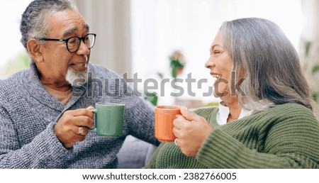 Senior couple, conversation and happy for coffee, home and retired for love, relax and enjoy. Retirement, old age and elderly in house, bonding together and quality time for discussion, man and woman Royalty-Free Stock Photo #2382766005