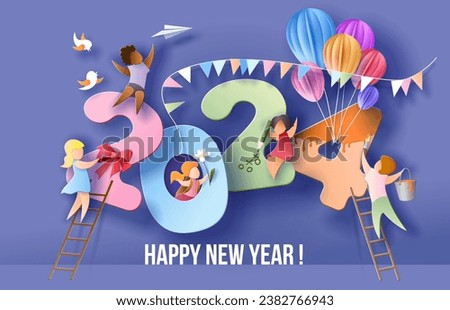 2024 New Year design card with kids on purple background. Vector illustration. Paper cut and craft style.