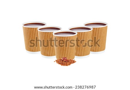 Five coffee cup with chocolate chips nuts over white background