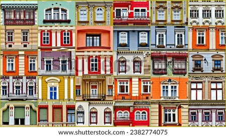 COLLAGE WITH THE WINDOWS IN UNIRII SQUARE CITY OF TIMISOARA - ROMANIA Royalty-Free Stock Photo #2382774075