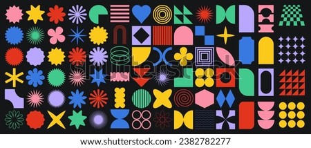 Vector set of brutalist geometric shapes. Trendy abstract minimalist figures, stars, flowers, circles. Modern abstract graphic design elements. Vector