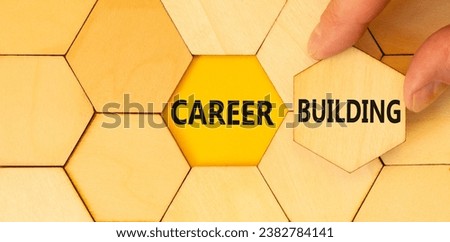 Career building symbol. Concept words Career building on beautiful wooden puzzle. Beautiful yellow background. Businessman hand. Business, motivational career building concept. Copy space.