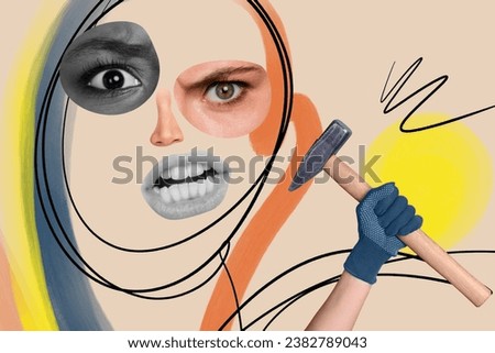Creative template graphics collage image of scary angry different face body parts rising hammer isolated colorful background