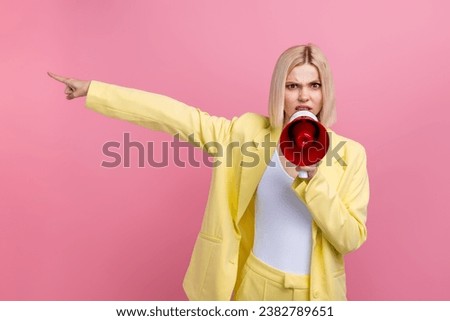 Portrait of negative outraged lady communicate scream loudspeaker point finger empty space isolated on pink color background Royalty-Free Stock Photo #2382789651